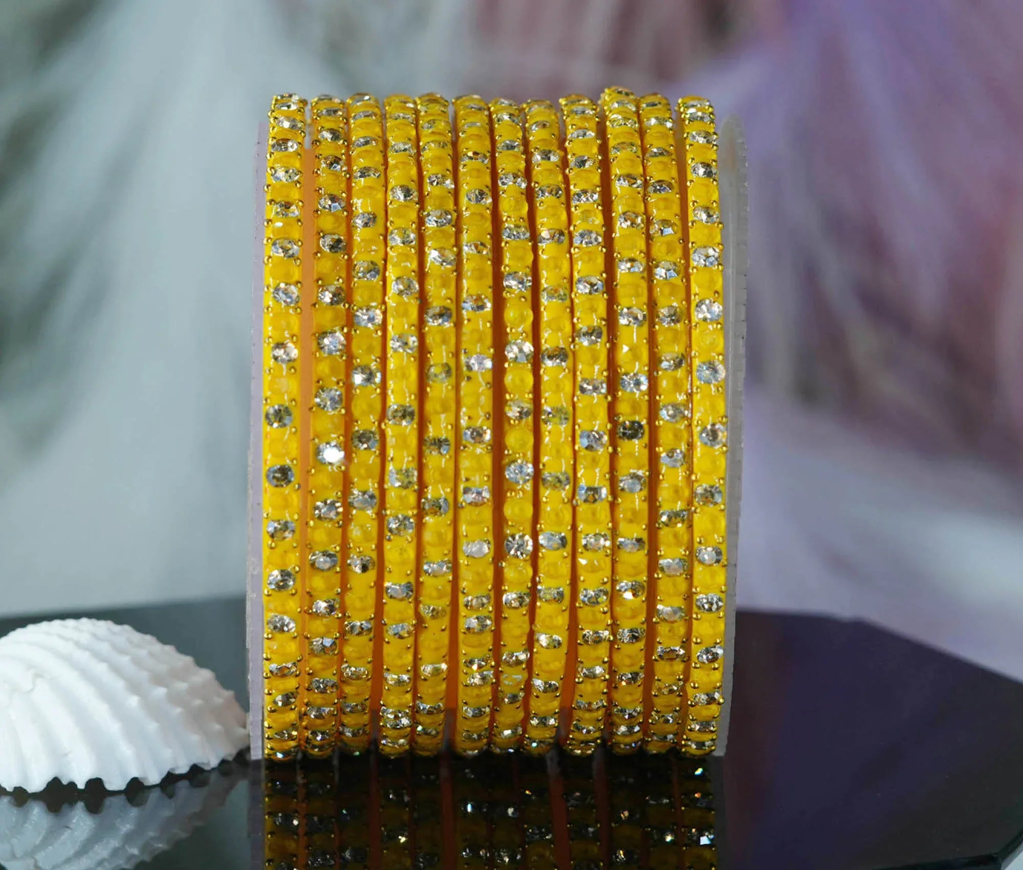 Glass Bangle with Beads Studded for Women & Girls (Pack 12 Bangles) - The Golden Cascade